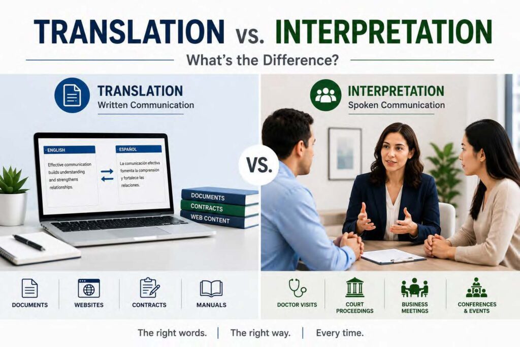 Illustration comparing translation vs. interpretation, showing written translation and live spoken interpretation for multilingual communication.